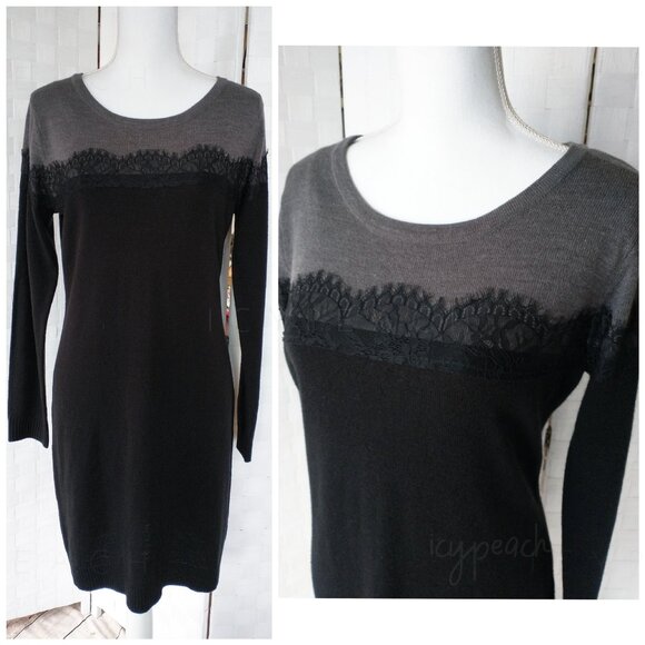 AB Studio Sweater Dress Size Medium Black Gray Colorblock Lace Trim Minimalist - Picture 1 of 13